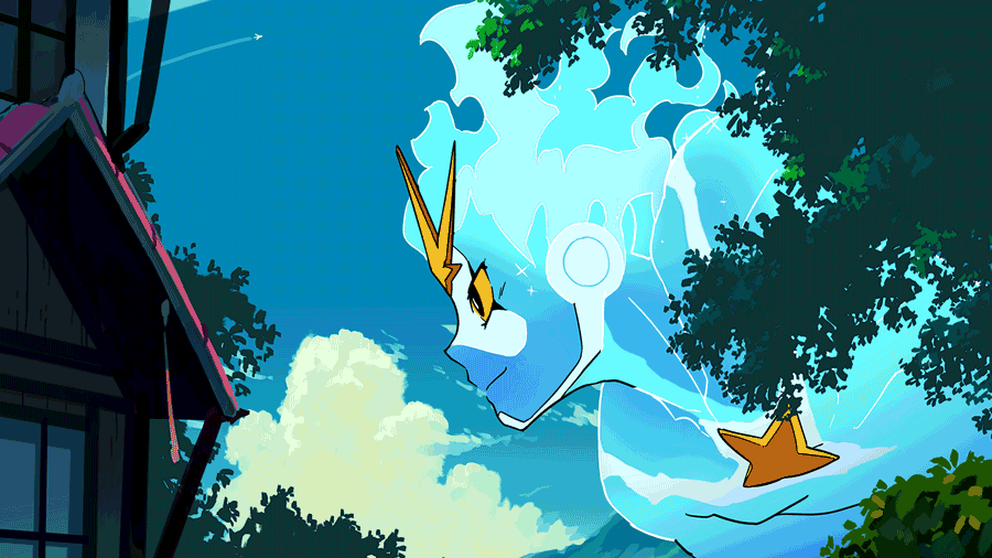 An animated illustration of a celestial giant flying over trees and houses during a beautiful day. For the album Giants.