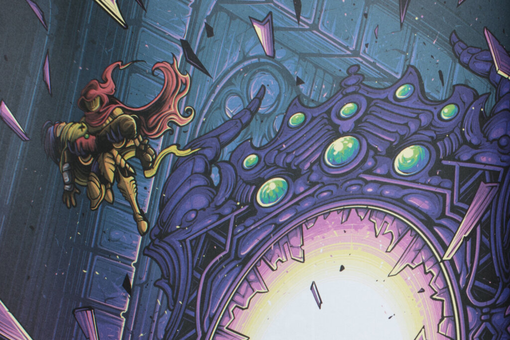 Closeup detail illustration from Issue 1 of A Profound Waste of Time featuring a knight carrying a character out of a shattered mirror.