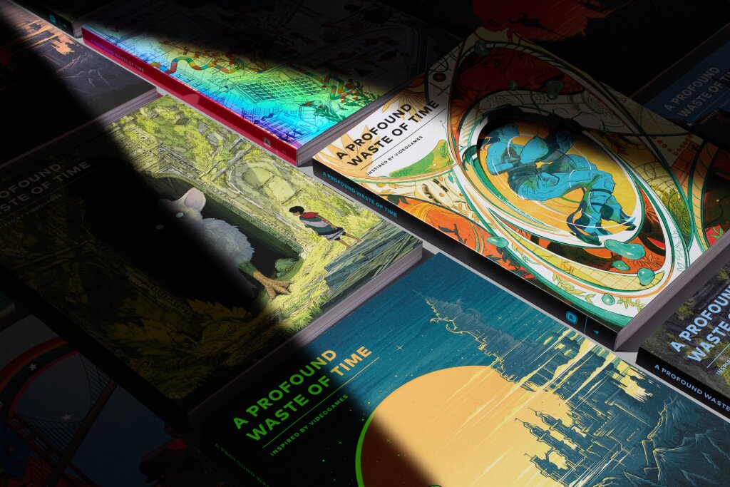 Dramatically lit spread of a collection of A Profound Waste of Time magazines. Issue 3 shows an illustration of Trico from the game The Last Guardian by Fumito Ueda, illustrated by mako. Issue 4 shows an illustration of Chell from the game Portal by Valve, illustrated by Molly Mendoza. Issue 1 shows an illustration of Shovel Knight by Yacht Club Games, illustrated by Dan Mumford.