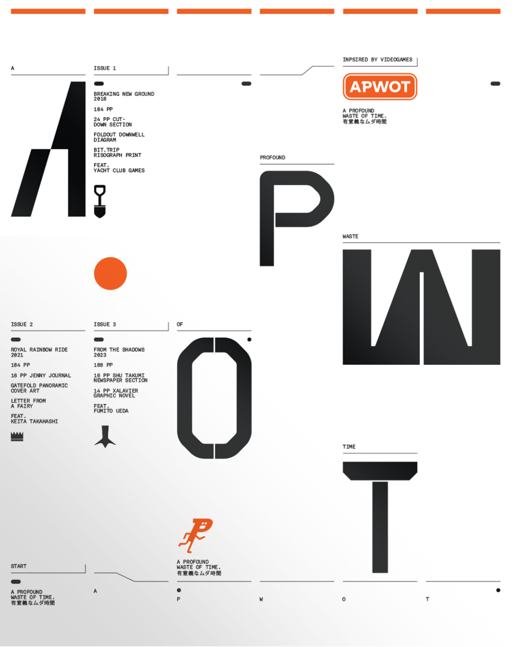 Frontal view of the trilogy slipcase of A Profound Waste of Time housing issues 1, 2 and 3. Featuring the letters A, P, W, O, T in black on a white background. Designed by Lundqvist.