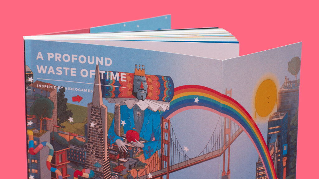 Close up crop of issue 2 of A Profound Waste of Time with the cover unfolded to reveal the full illustration of Keita Takahashi's works.