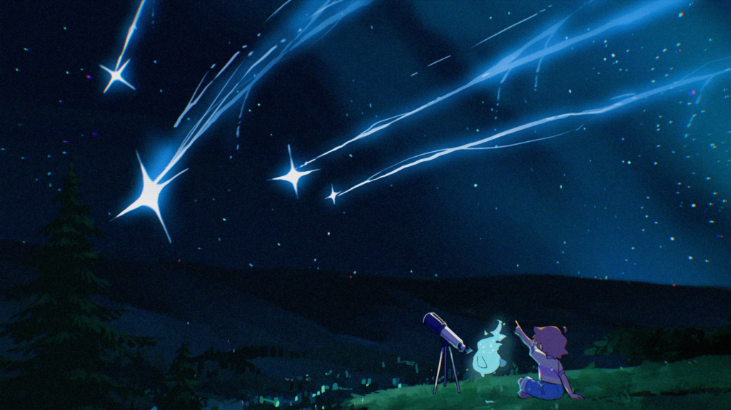 An illustration of a boy and a floating cute creature sitting under a starry sky next to a telescope. The boy points up at four dramatic shooting stars above them. For the album Giants.