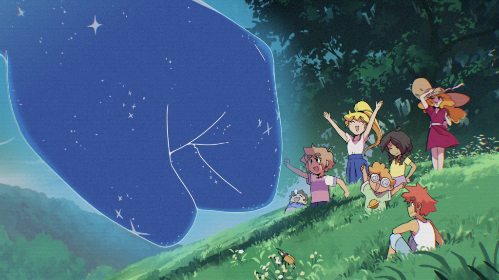 An illustration of seven kids happy on a hill. The giant hand of a celestial giant reaches down to fist bump one of the kids. For the album Giants.