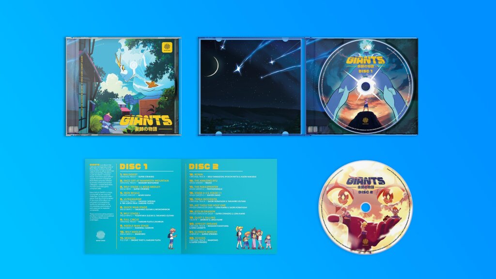 The contents of the Giants CD are laid out neatly on a blue background. The closed CD case shows a boy running up to a giant flying over a suburb. The open CD case shows a starry night inside illustration. The first disk has an illustration of a giant standing over a small boy. The second disk is a close up of the giants face holding happy kids in the palm of his hand. The booklet is blue with yellow and white text and illustrations of the kids walking together.