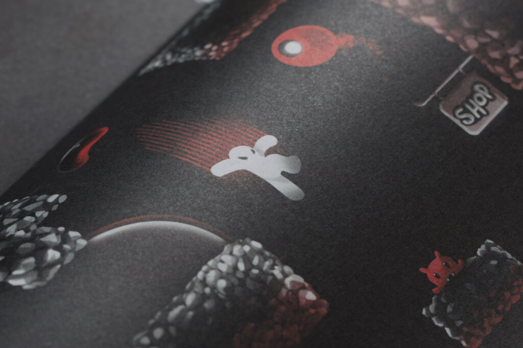 Close up illustration from Issue 1 of A Profound Waste of Time. Featuring the game Downwell illustrated by Fellipe Martins.