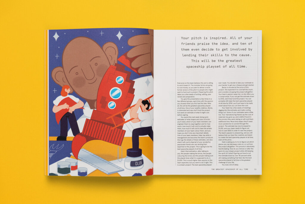 Full magazine spread from Issue 1 of A Profound Waste of Time featuring multiple people building a rocket ship. Illustrated by Kyle Smart.