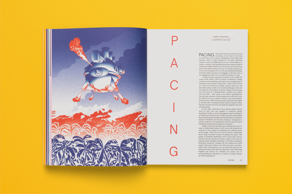 Full magazine spread from Issue 1 of A Profound Waste of Time featuring a spaceship landing in a jungle.