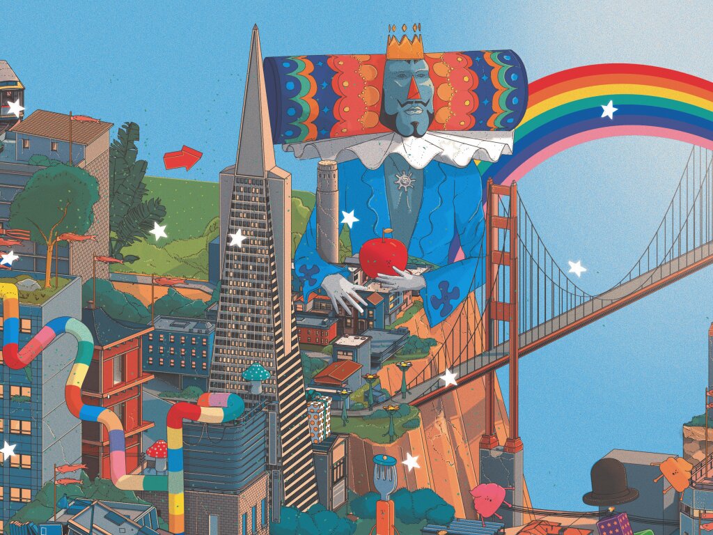 Closeup of cover image of Issue 2 of A Profound Waste of Time featuring an illustration of Keita Takahashi's games including Katamari Damacy, Noby Noby Boy, and more, illustrated by Doug John Miller.