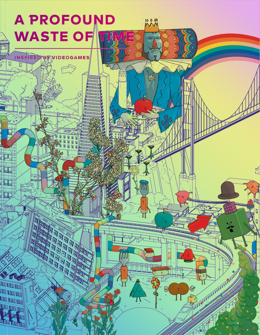 Cover image of Issue 2 of A Profound Waste of Time featuring an illustration of Keita Takahashi's games including Katamari Damacy, Noby Noby Boy, and more, illustrated by Doug John Miller.