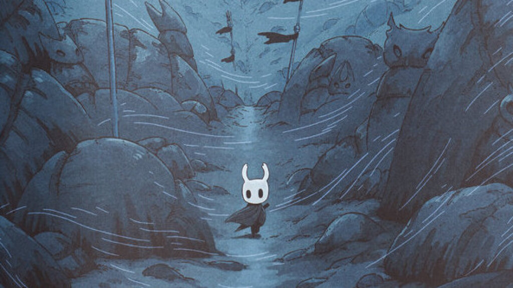 Close up illustration from issue 2 of A Profound Waste of Time featuring Team Cherry's Hollow Knight walking through a windy path. Illustrated by mako.