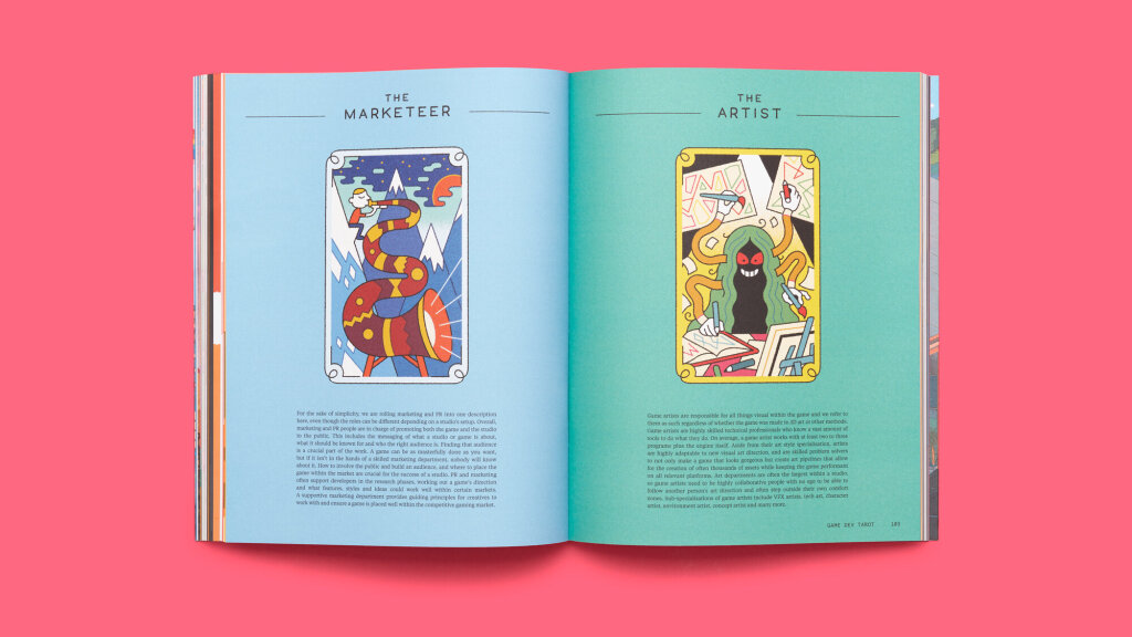 Full magazine spread from issue 2 of A Profound Waste of Time featuring tarot cards of roles in a game studio. Illustrated by Joe Sparrow.