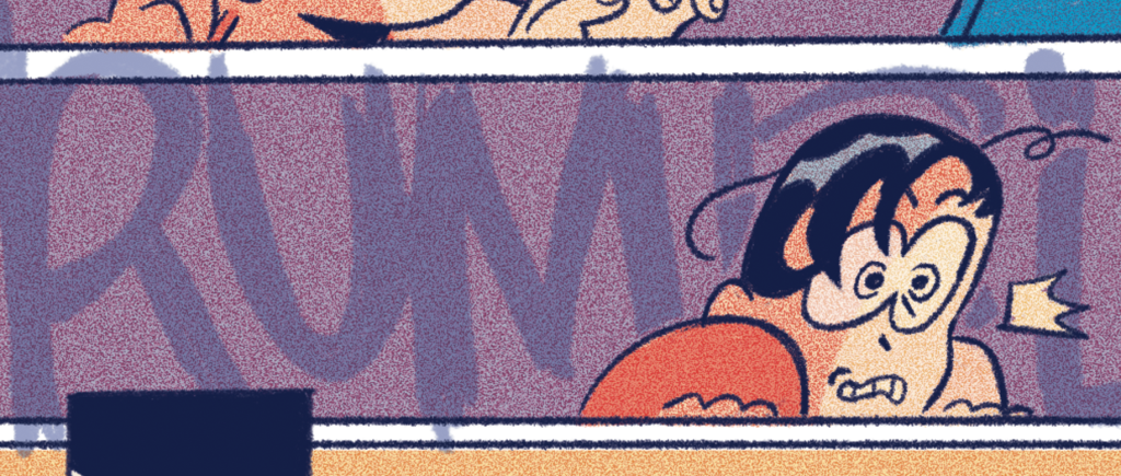 Detail illustration from Issue 3 of A Profound Waste of Time featuring a comic panel written by Xalavier Nelson and illustrated by Diigii Daguna.