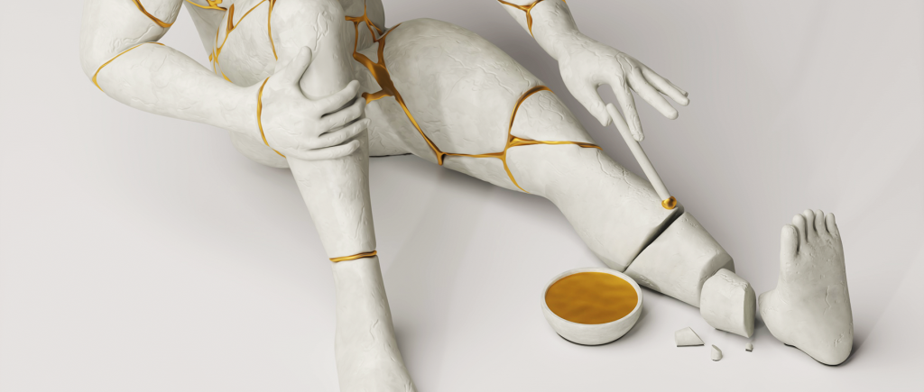 Detail from an illustration from Issue 3 of A Profound Waste of Time featuring a broken statue of a man fixing himself up with Japanese kintsugi. For the article on the game "Getting Over It with Bennett Foddy".