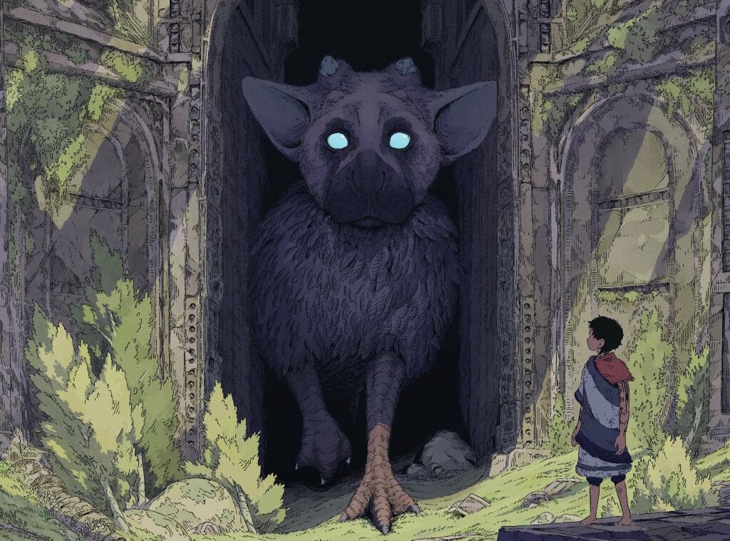 Cover image of issue 3 of A Profound Waste of Time featuring Trico from The Last Guardian coming out of the shadows illustrated by Mako.