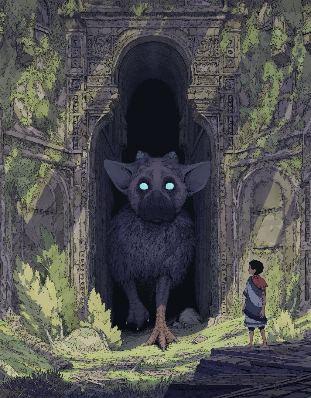 Cover image of issue 3 of A Profound Waste of Time featuring Trico from The Last Guardian coming out of the shadows illustrated by Mako.