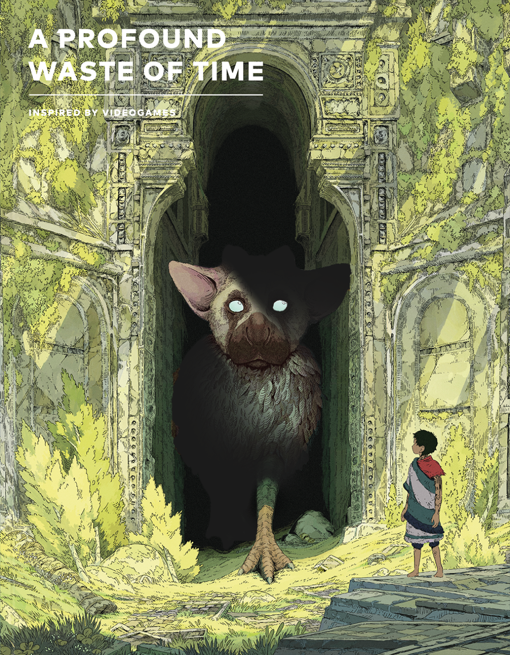 Cover image of issue 3 of A Profound Waste of Time featuring Trico from The Last Guardian coming out of the shadows illustrated by Mako.