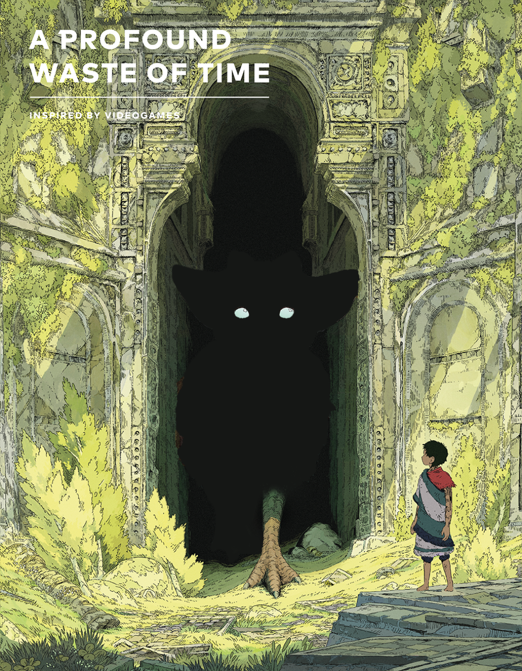 Cover image of issue 3 of A Profound Waste of Time featuring Trico from The Last Guardian in the shadows illustrated by Mako.