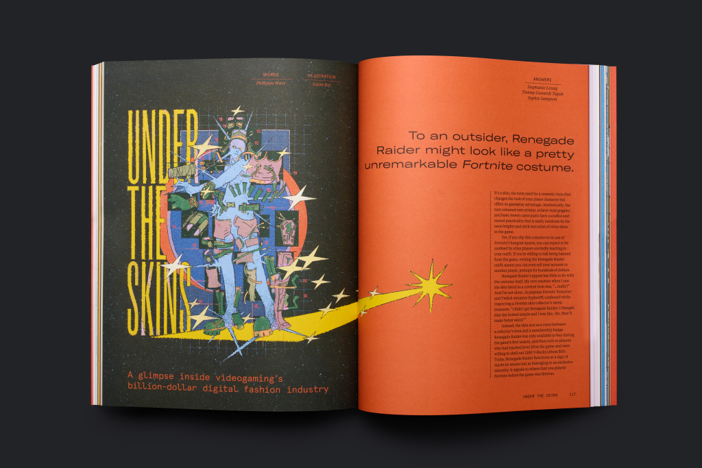 Full magazine spread from Issue 4 of A Profound Waste of Time on the article "Under the Skins" featuring an illustration of an avatar wearing multiple outfits.