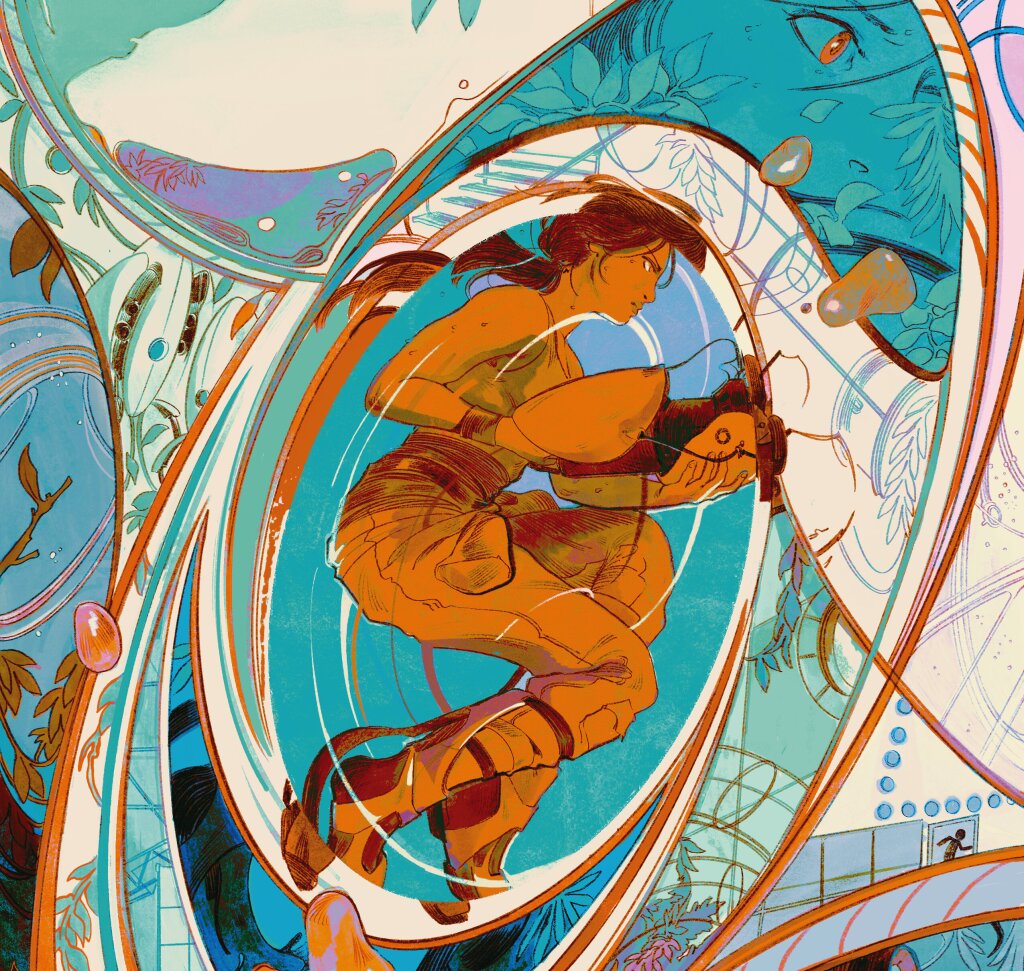 A close up image of the front cover of Issue 4 of A Profound Waste of Time by Molly Mendoza. Featuring Chell from Portal by Valve, holding a portal gun and jumping through a portal in orange and blue colours.