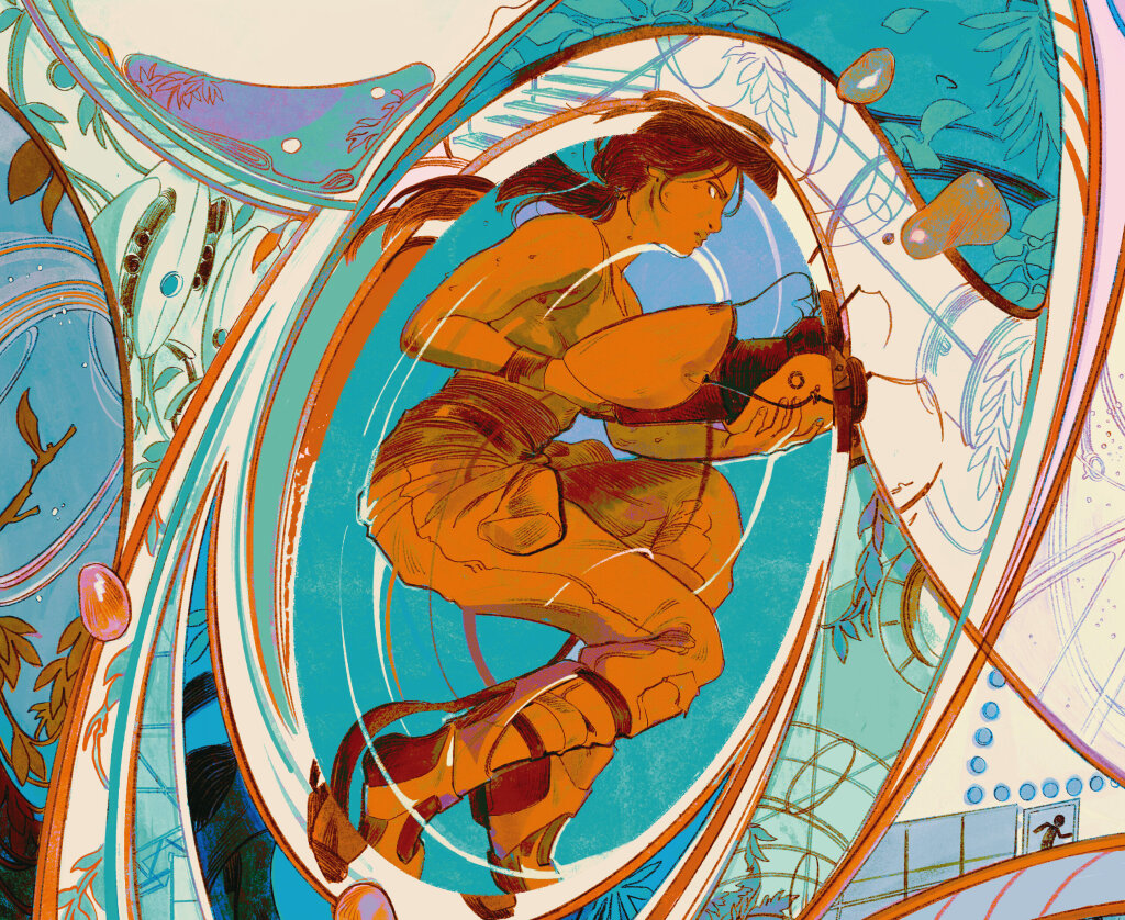 Closeup cover image of issue 4 of A Profound Waste of Time featuring Chell from Portal by Valve illustrated by Molly Mendoza.