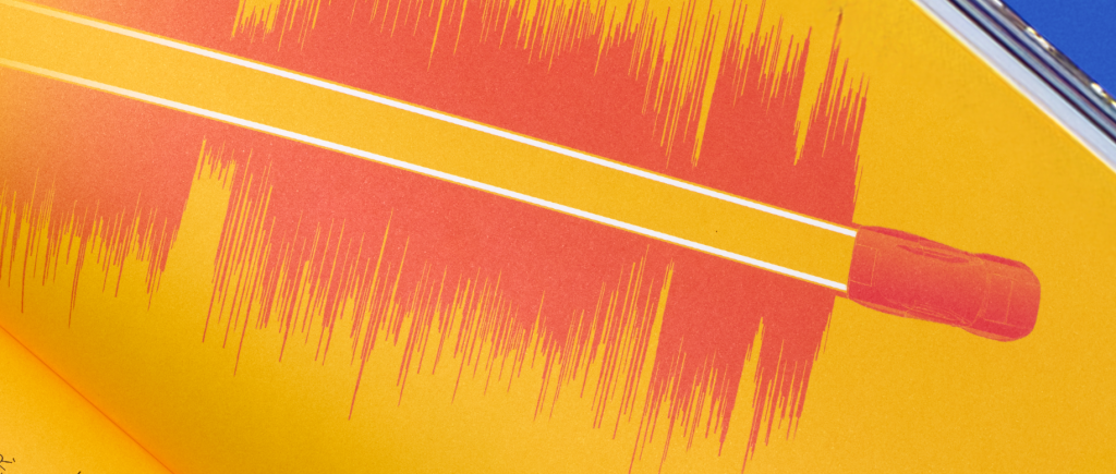 Detail image of the magazine A Profound Waste of Time Issue 5. Featuring a bright yellow page with the illustration of a car leaving sound waves in its wake.