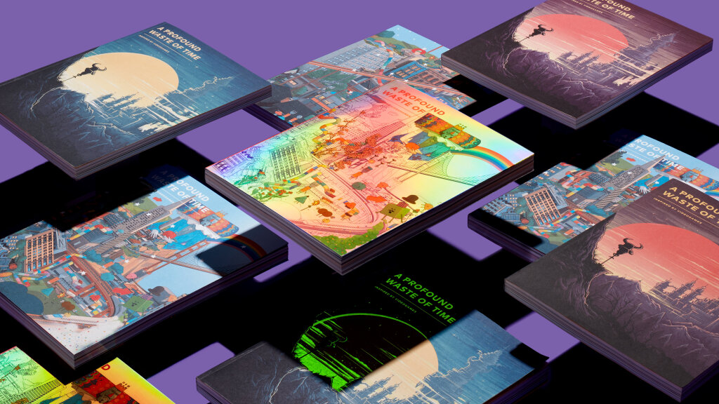 Regular and special issues 1 and 2 of A Profound Waste of Time floating on a purple surface. The cover of issue 1 shows an illustration of Shovel Knight standing on his shovel, looking out at a large moon and a castle. The special edition glows in the dark. The cover of issue 2 shows a collection of Keita Takahashi's characters over a cityscape. The special edition is on rainbow holofoil.